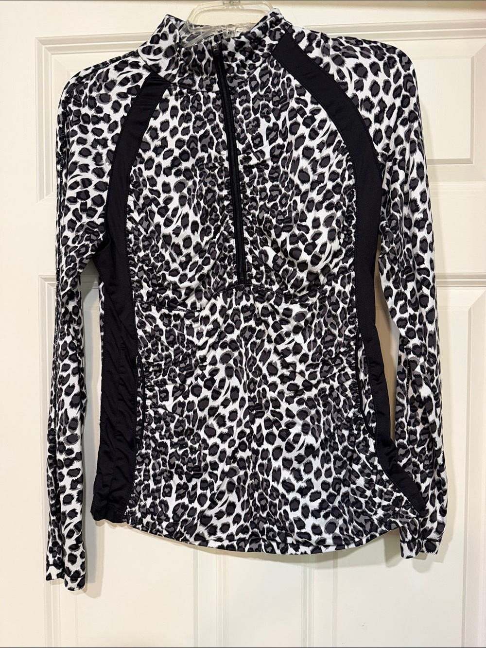 Boston Proper Black & White Leopard Print Long-Sleeve Half-Zip Top
